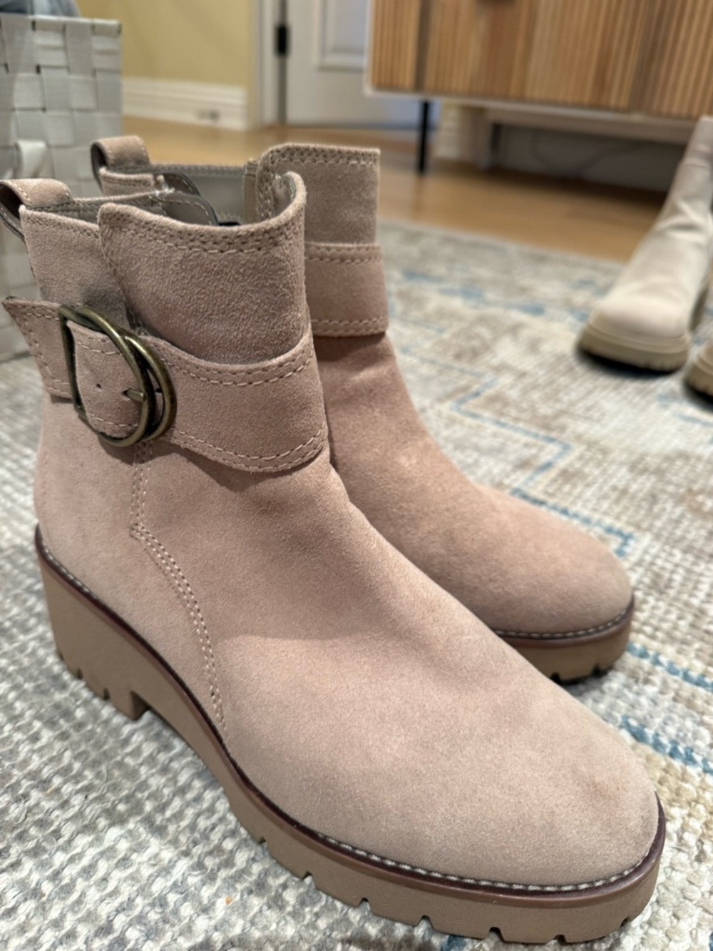 Blondo Beige Suede Platform Ankle Boots with Buckle - Picture 2 of 5